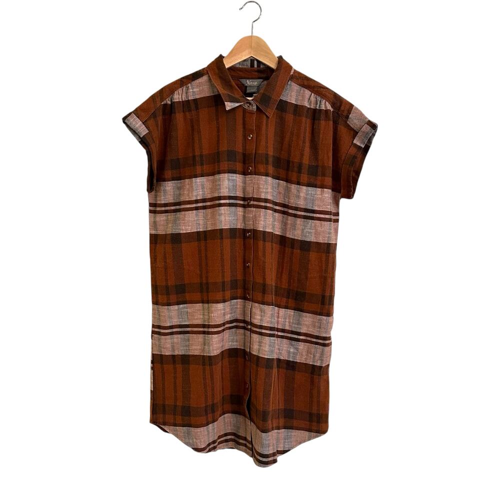 NWT Natural Reflections Plaid Button-Down Dress Sz Large Pockets Brown